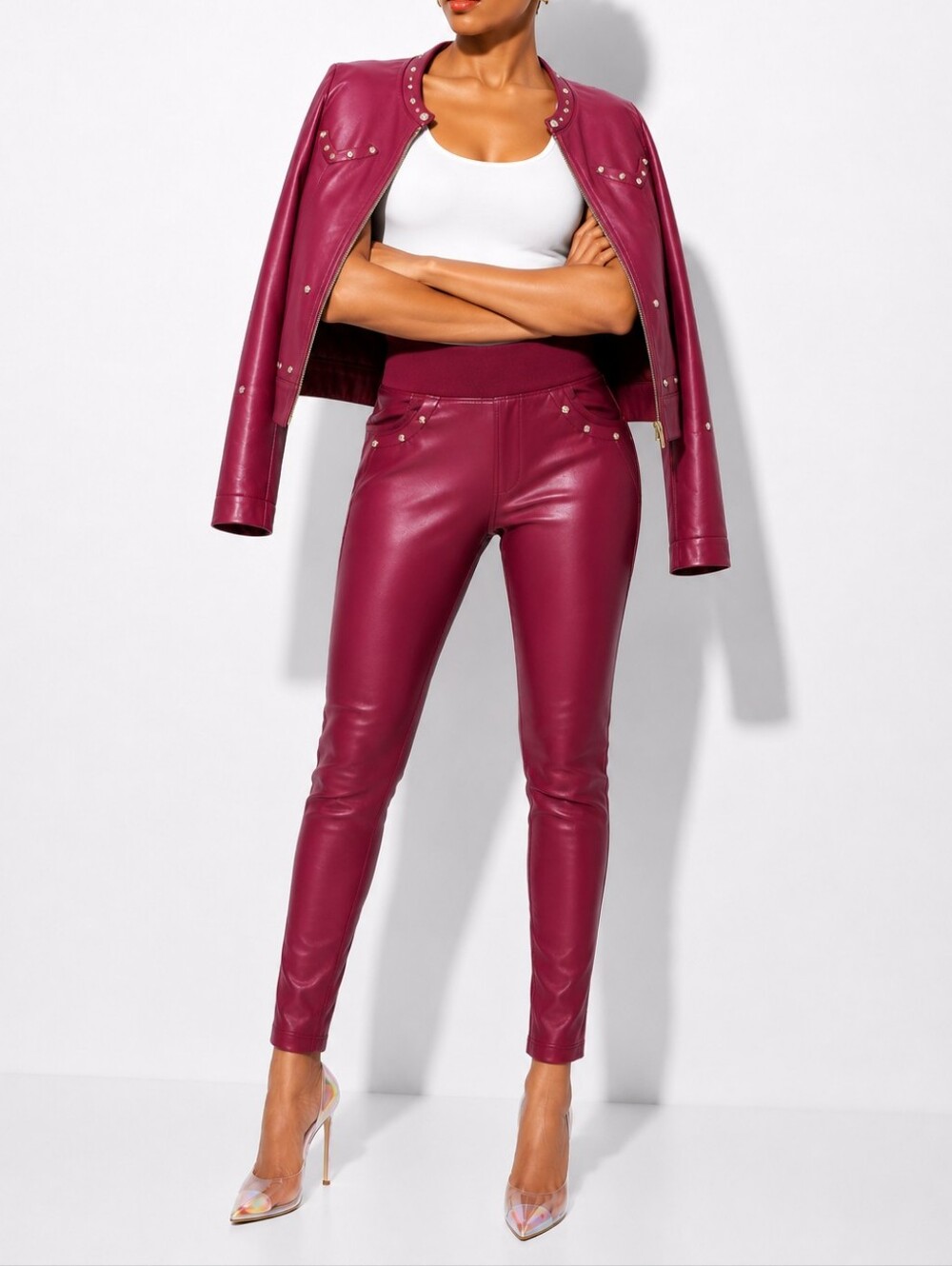 Julia Crimson Red Fleece-Lined Coated Skinny Pants